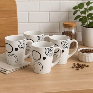 Gibson Home 8 oz Black And White Mug Cup Set Of 4 Modern Retro Design